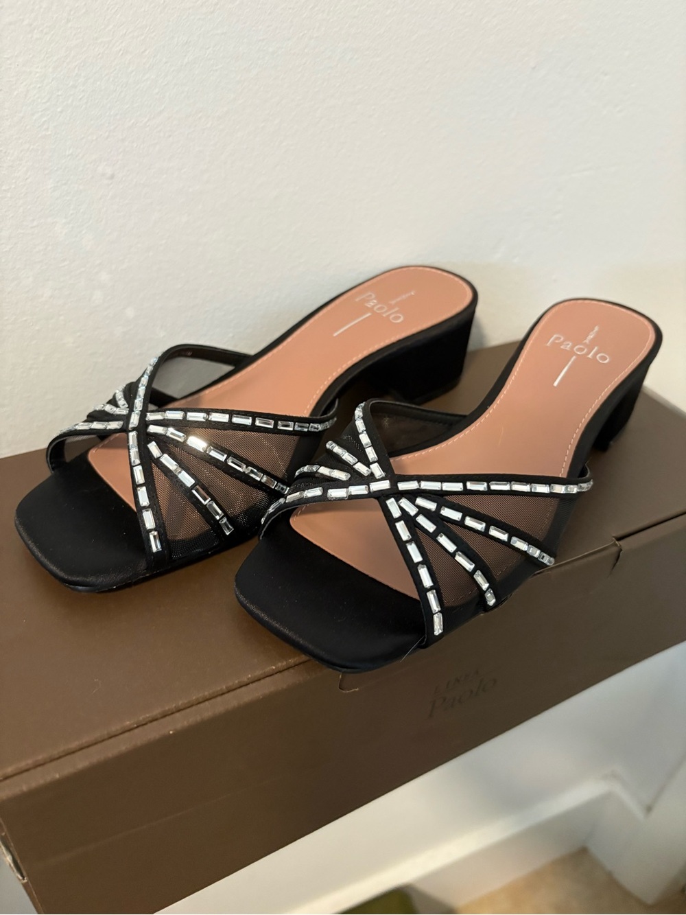 Paolo Black Crystal-Embellished Low Block Heel sandals